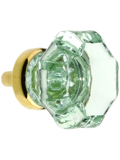 Pale Green Octagonal Glass Knob with Brass Base 1 3/8-Inch Diameter in Un-Lacquered Brass.
